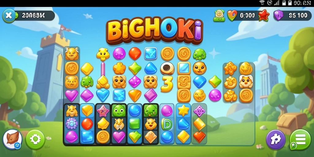 Screenshot gameplay BIGHOKI dengan elemen-elemen Match-3 yang berwarna.