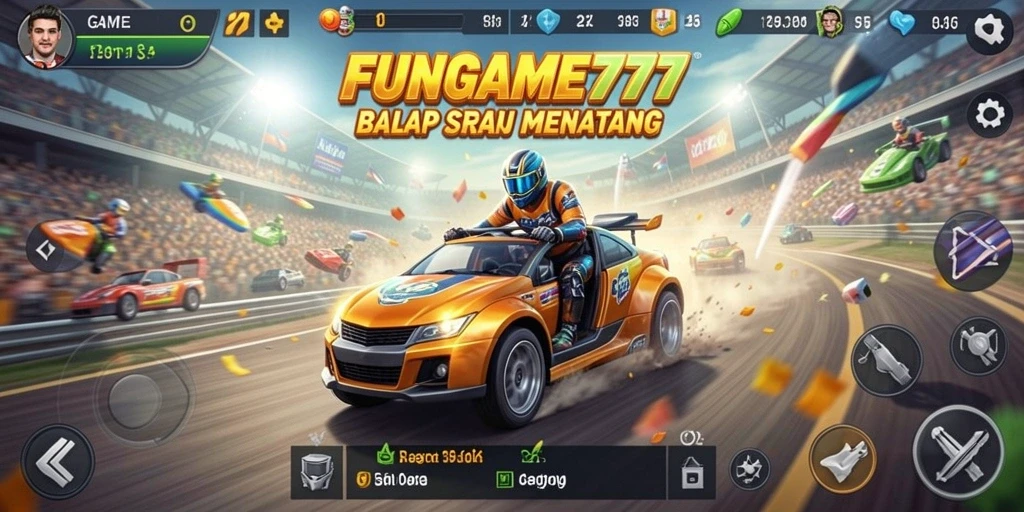 Tangkapan layar gameplay FUNGAME777 yang menampilkan lintasan balap yang mendebarkan.