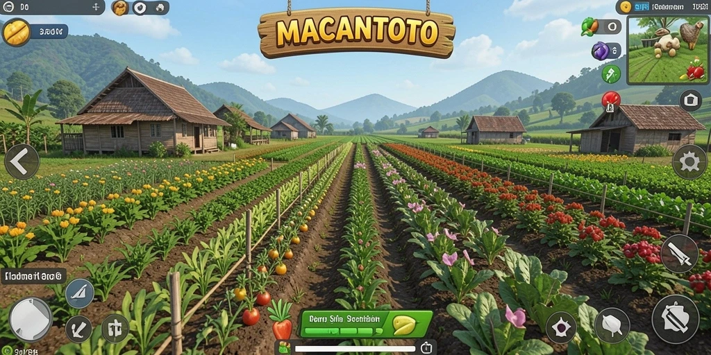 Tangkapan layar gameplay <strong>MACANTOTO</strong> dengan aktivitas pertanian yang seru.