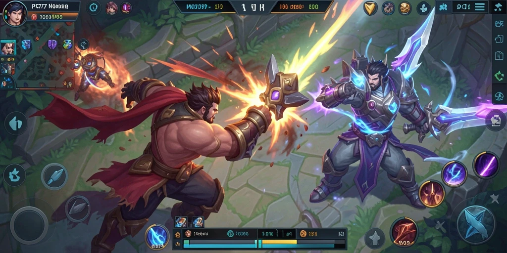 Screenshot utama PC777 menampilkan aksi seru dalam pertarungan MOBA.