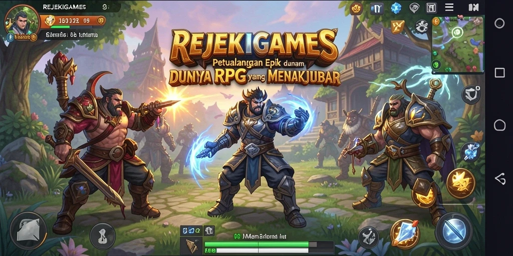 Tangkapan layar utama REJEKIGAMES yang menampilkan aksi petualangan RPG.